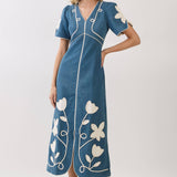 Floral Applique Contrast Trim Midi Dress
