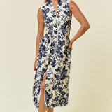 Paisley V-Neck Smocked Waist Front Zip Midi Dress | Blue