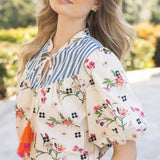 Floral And Stripe Mixed Tassle Front Top: Ivory