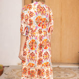 Ruffled Neck Boarder Printed Tiered Midi Dress