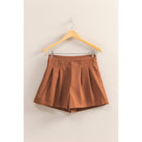 Chestnut Washed Pleated High Waist Shorts