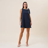 Tie shoulder sleeveless mini shift dress: Navy
