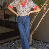 Zelly Double Contrast Ruffle Detailed Animal Printed Knit Blouse