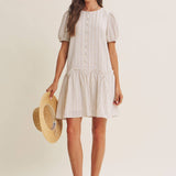 Breeze Stripe Puff Sleeve Mini Dress With Faux Buttons: Latte