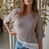 Knit Sweater Short Sleeve Pullover with Lace
