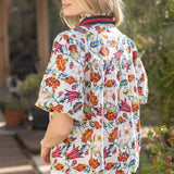 Elastic Stripe V-Neck Floral Woven Print Top