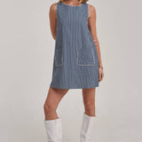 Sleeveless Stripe Denim Mini Dress with Scalloped Embroidery