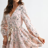 Embroidered Floral Belted Long-Sleeve Mini Dress