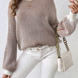 Balloon Sleeves Striped Ribbed Knit Sweater Jumper
