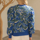 Pleated Long Puff Sleeve Floral Print Sweater Top