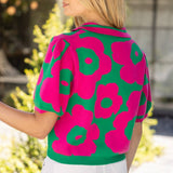 V-Collared Ribbed Floral Knit Top