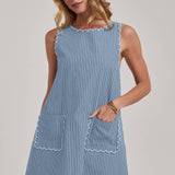 Sleeveless Stripe Denim Mini Dress with Scalloped Embroidery