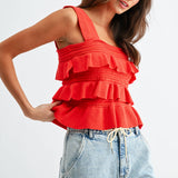 Red Ruffled Knit Sleeveless Top