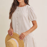 Breeze Stripe Puff Sleeve Mini Dress With Faux Buttons: Latte