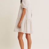 Breeze Stripe Puff Sleeve Mini Dress With Faux Buttons: Latte