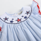 Blue Striped 4th of July Stars Smocked Bishop Dress