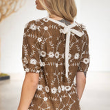 Floral Embroidered Contrast Neck Tie Detailed Top