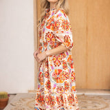 Ruffled Neck Boarder Printed Tiered Midi Dress