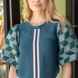 Geometric Jaquard Bubble Sleeve Striped Trim Front Top: Green