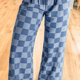 Solid Color Checkered Denim Wide Leg Jeans