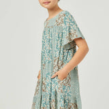 Girls Floral Patchwork Print Flutter Sleeve Dress | Sage