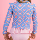 Girls Tropical Trellis Flutter Long Sleeve Rash Guard Skirted 2-Piece Swimsuit: Blue