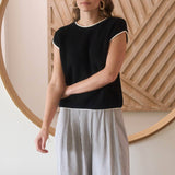 Short Sleeve Knit Navy Sweater Top with Contrast Trim