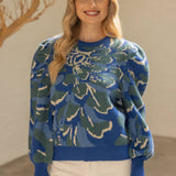 Pleated Long Puff Sleeve Floral Print Sweater Top