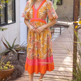 Summer Palm Print Contrast Color Block Midi Dress