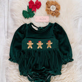 Deep Emerald Smocked Gingerbread Velvet Romper
