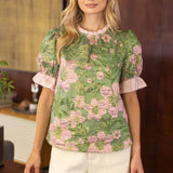 Kelly Striped Ruffle Detailed Floral Jaquard Blouse
