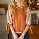 Color Block Textured Knit Bow Tie Sleeve Top