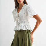 Embroidered Cotton Peplum Blouse with Pleats