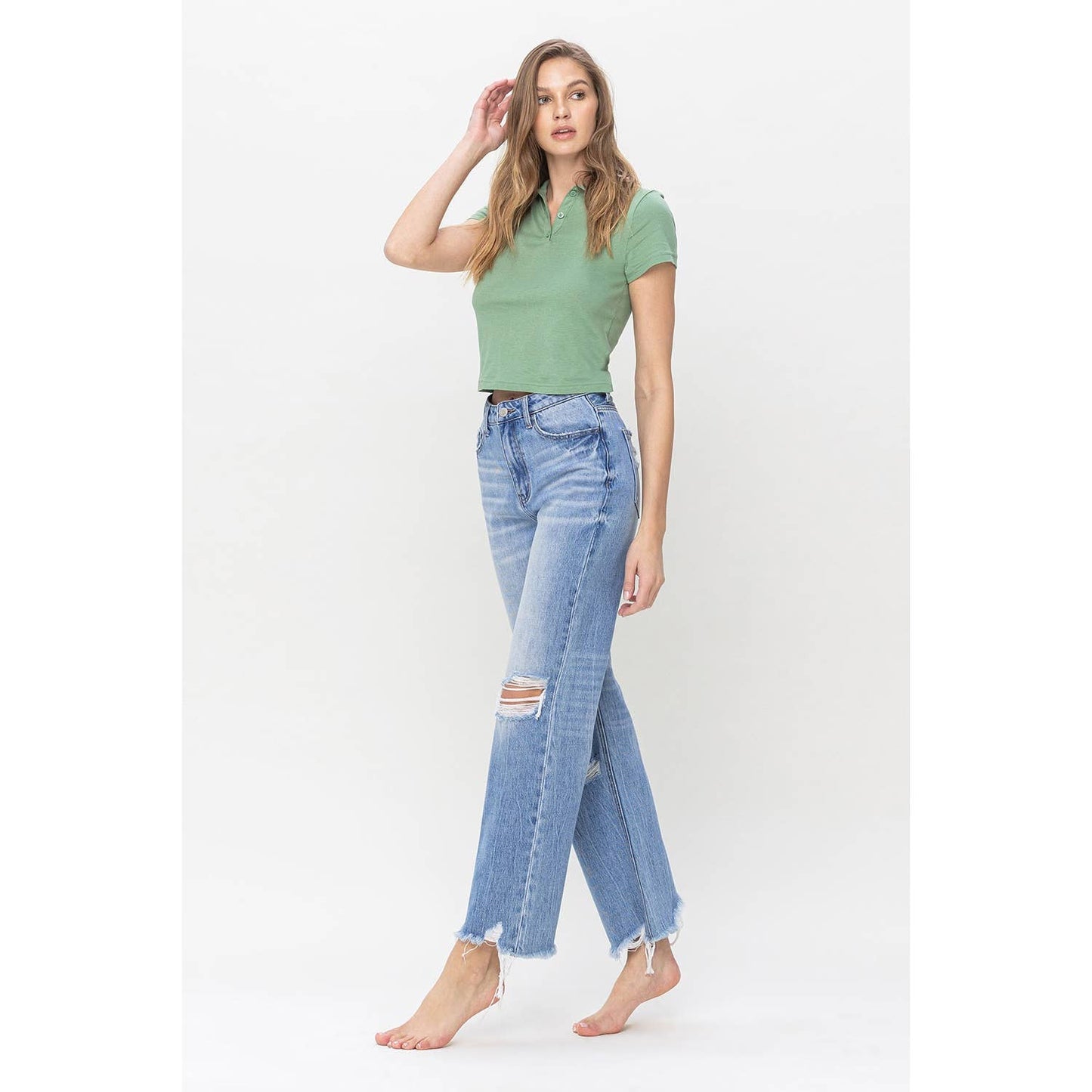 90'S VINTAGE HIGH RISE DISTRESSED CROP FLARE JEANS