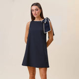 Tie shoulder sleeveless mini shift dress: Navy