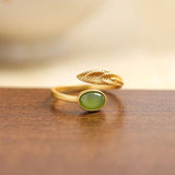 Dainty Gold Jade Agate Feather Bypass Ring: 3 Colors
