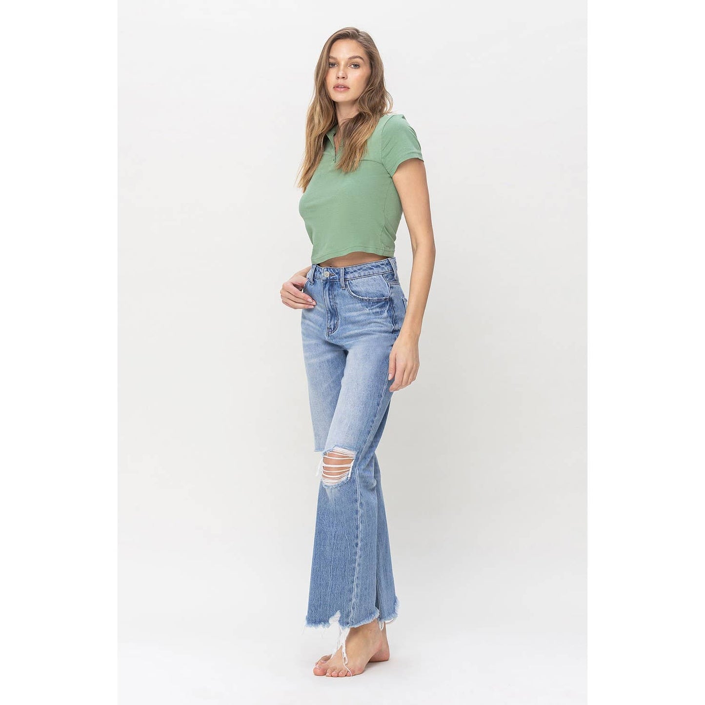 90'S VINTAGE HIGH RISE DISTRESSED CROP FLARE JEANS