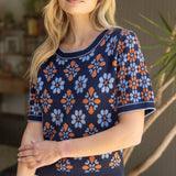 Short Puff Sleeve Floral Abstract Knit Top