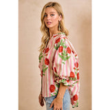 Stripe Flower Printed Woven Bubbled Sleeves Button Blouse