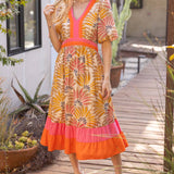 Summer Palm Print Contrast Color Block Midi Dress