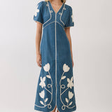 Floral Applique Contrast Trim Midi Dress