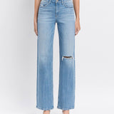 High Rise Distressed Slim Wide Leg Jeans