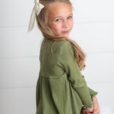 Kids Olive Long Sleeve Lettuce Trim Ribbed Fall Winter Shirt