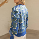 Pleated Long Puff Sleeve Floral Print Sweater Top