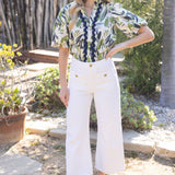 Wavy Trim Button Down Print Top