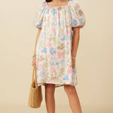 Girls Floral Puff Sleeve Foiled Dress