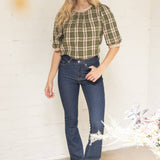 Suede Accent Banded Crinkled Plaid Top