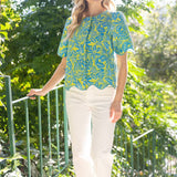 Wavy Embroidered Hem Jaquard Button Down Top
