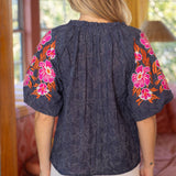 Embroidered Raglan Sleeve Floral Textured Top
