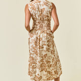 Paisley V-Neck Smocked Waist Front Zip Midi Dress | Taupe